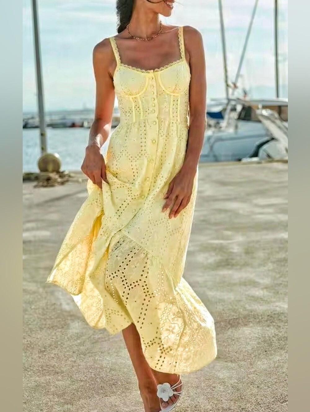 New Embroidered Eyelet Lace Bustier Corset Look Long Cami Dress Yellow